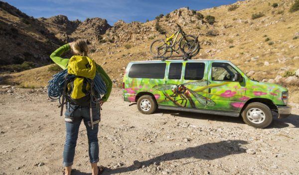 Rock climbing and mountain biking with campervan grocery and gear essentials