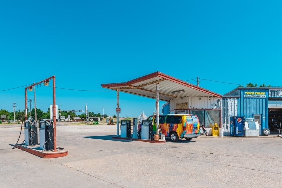 Escape campervan at an american gas station