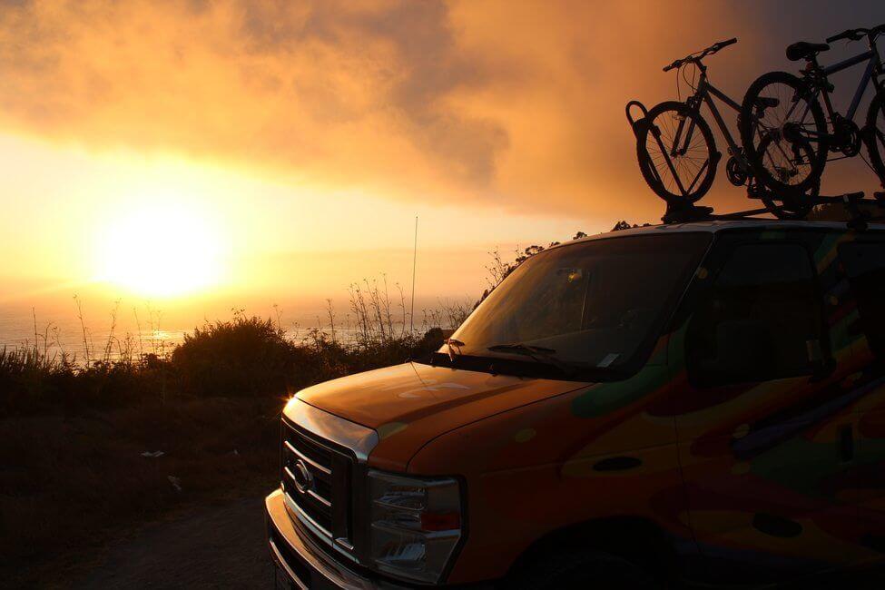 California coast campervan road trip bikes