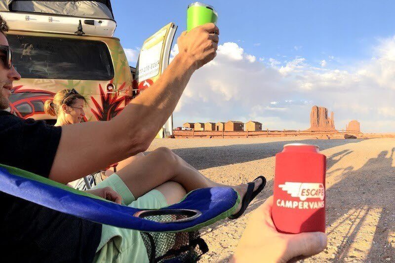 Traveling with friends by campervan camping cheers koozies