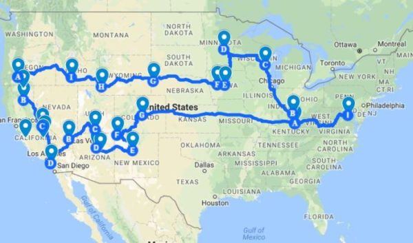 Cross Country Road Trip Map route