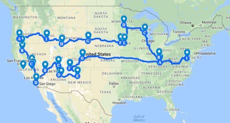 Cross Country Road Trip Map route