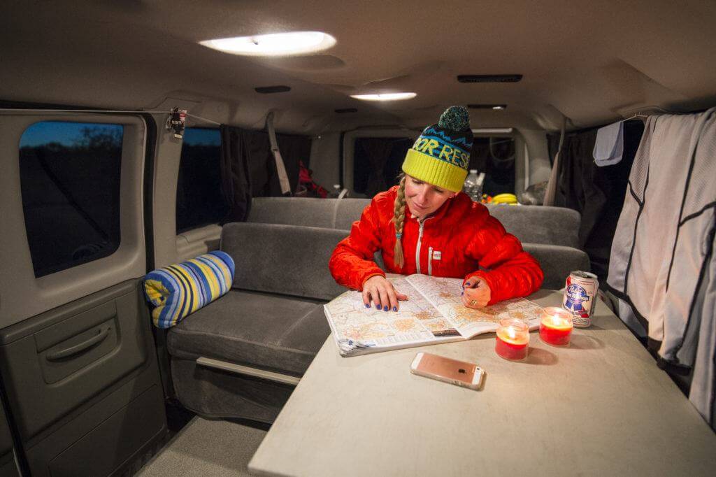 Foldaway in-van table + benches