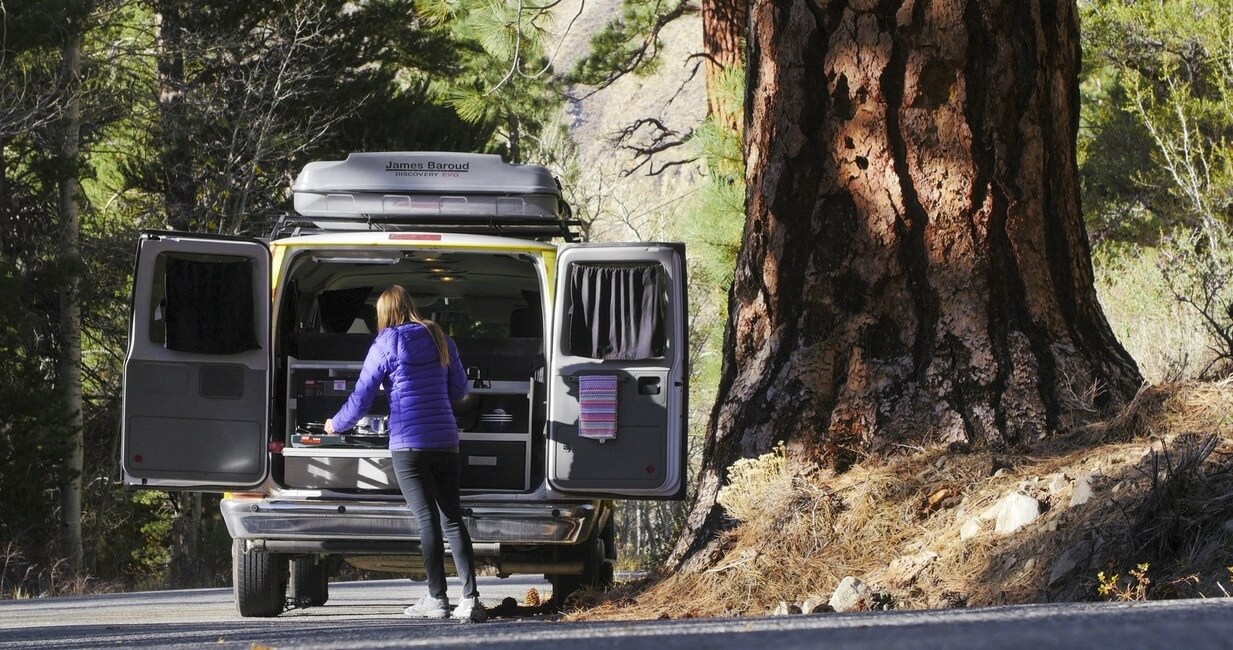 Cooking in the campervan kitchen at Sequoia National Park in California
