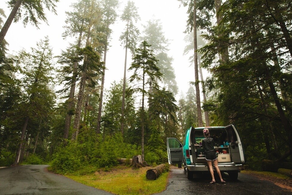 Campervan kitchen in the forest in Olympic National Park Washington