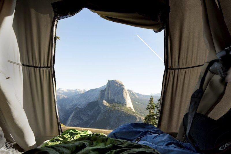 Half Dome Glacier Point Yosemite National Park view from rooftop sleeper on campervan