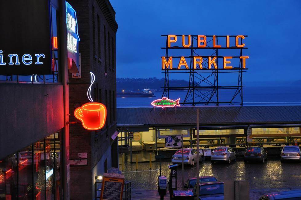 Pike Place Market Seattle in rainy season