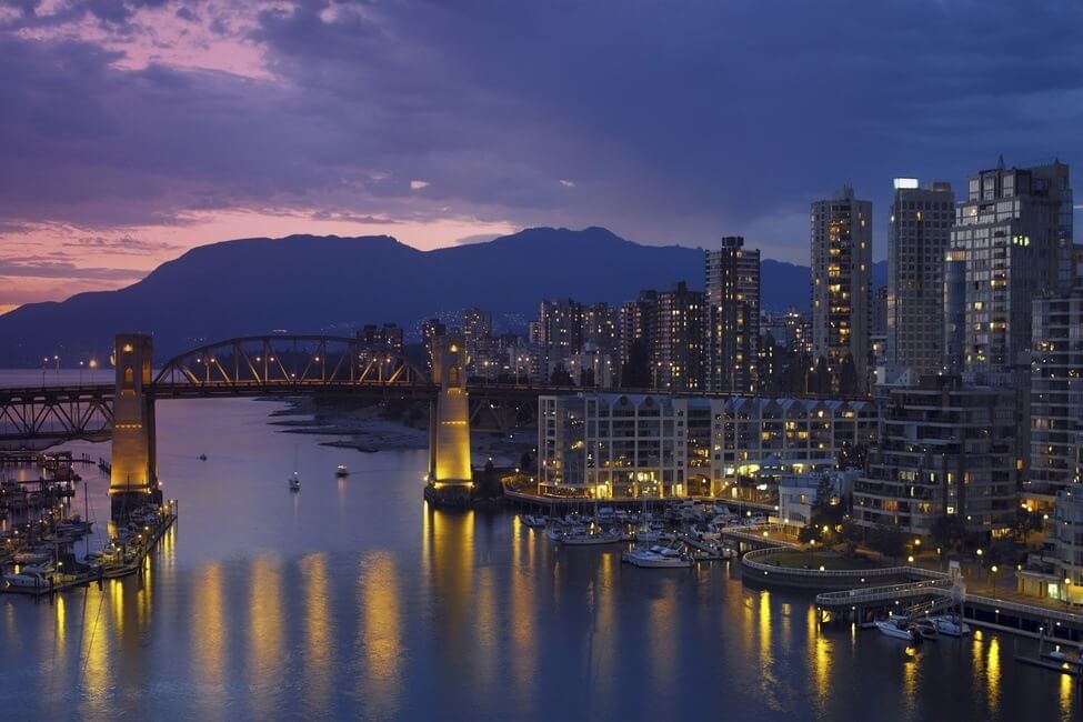 Vancouver - Canada. Yaletown and the Burrard Bridge in False Creek in the city of Vancouver in British Columbia on the west coast of Canada.