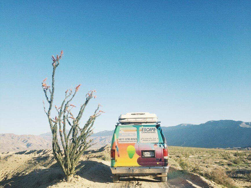 Campervan driving by desert super bloom