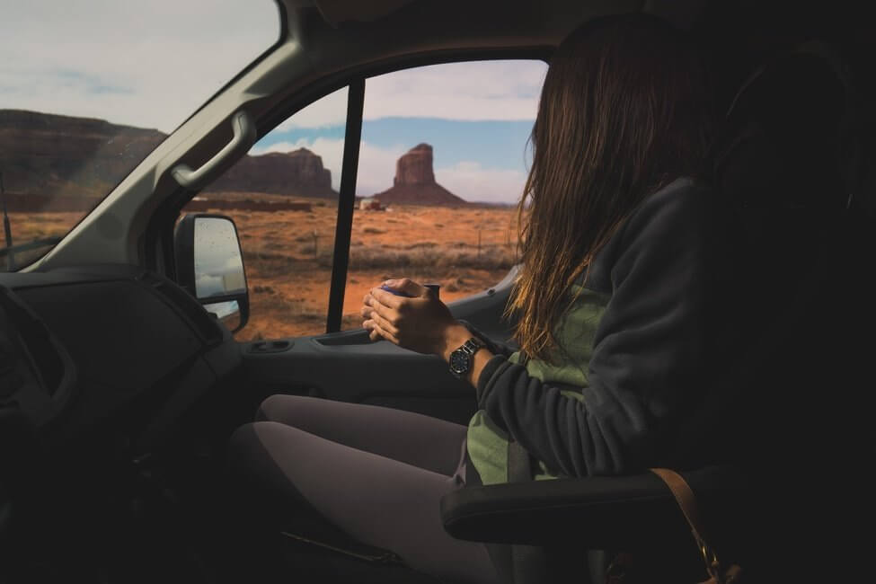 driving in a campervan at monument valley