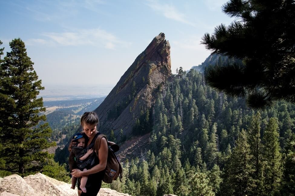 Mom hiking with baby in Colorado Flatirons