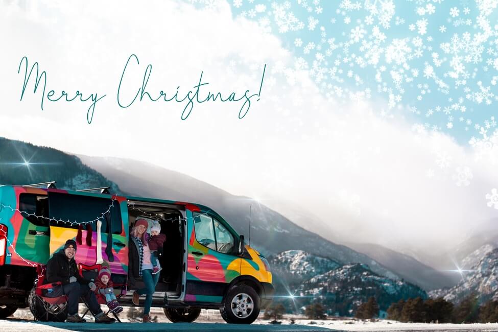 Christmas card with family and campervan