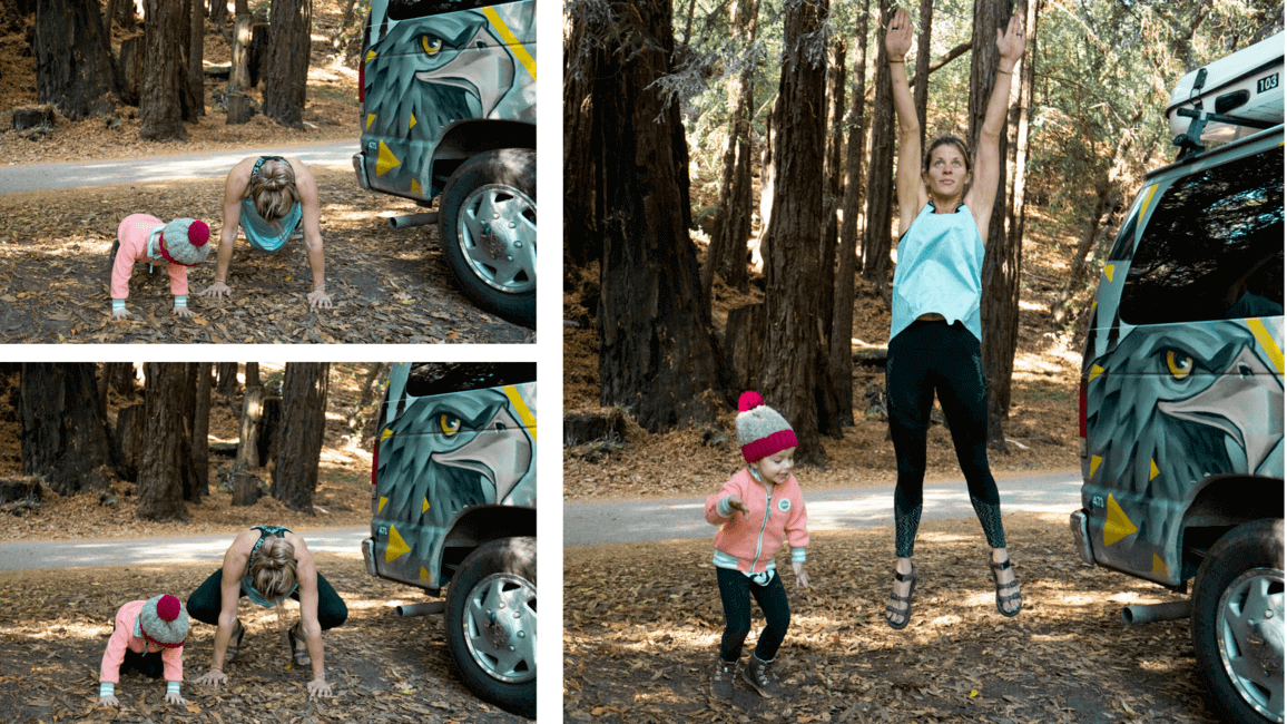 Family exercising while camping