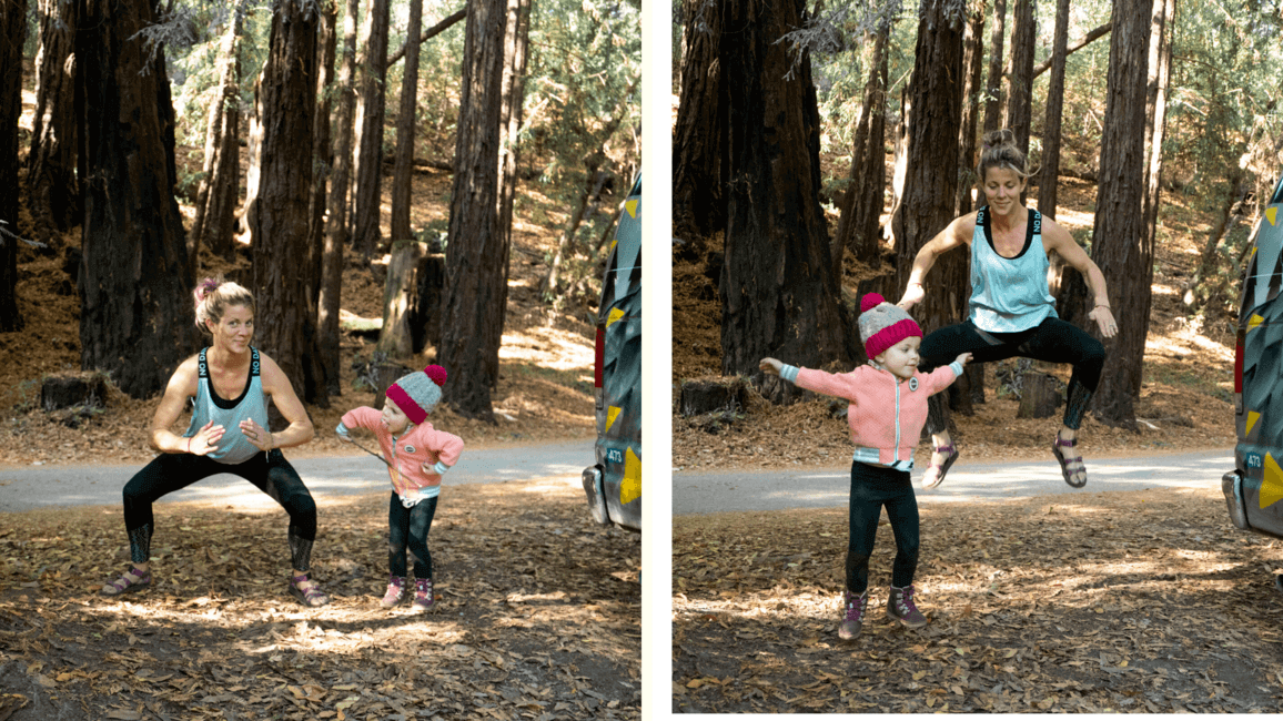 Woman exercising while camping