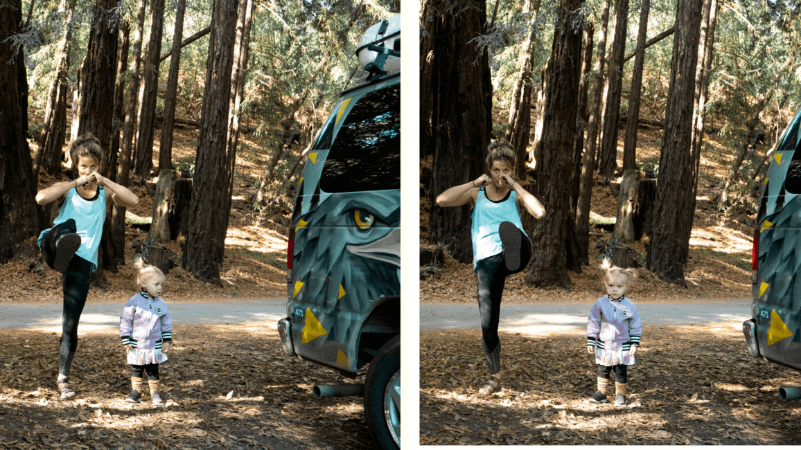 Family exercising while camping