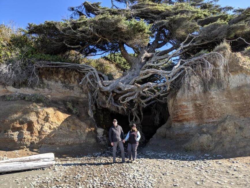 Couple standing in front of a tree