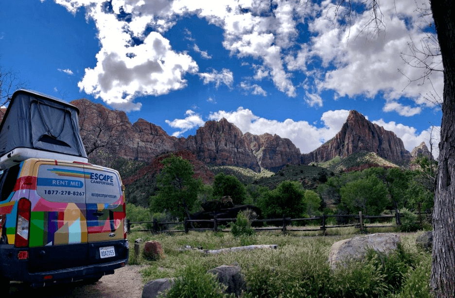 Escape campervan parked at Watchman Campground in Zion National Park