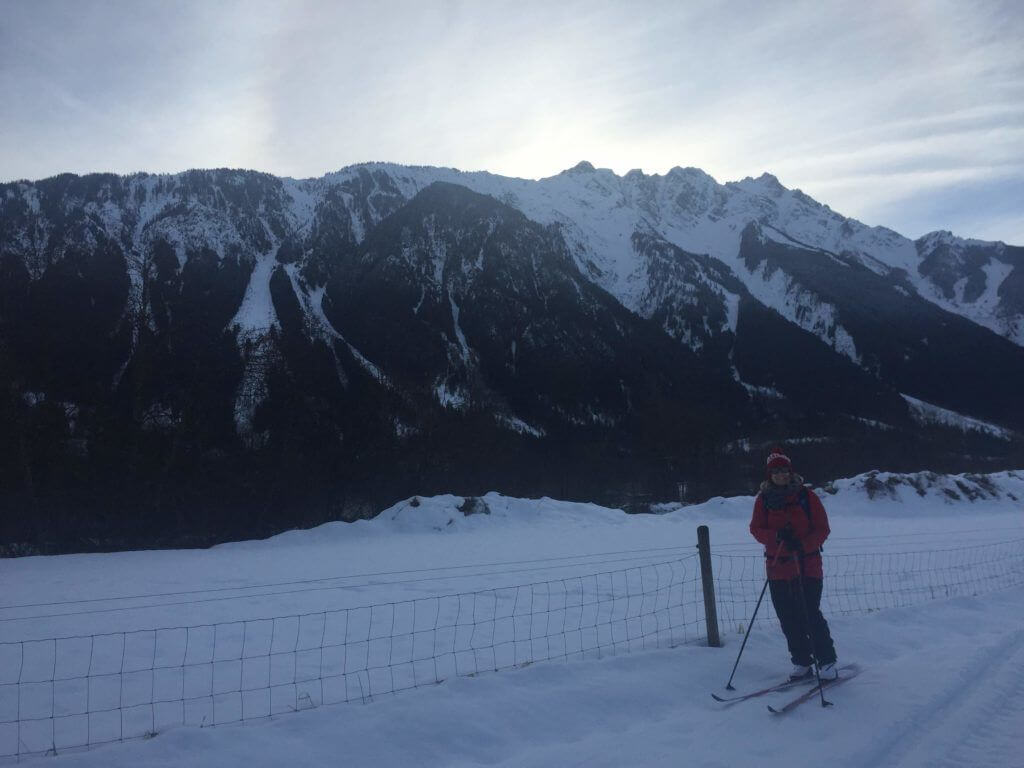 A cross country skier poses for the camera in front of mountains.
