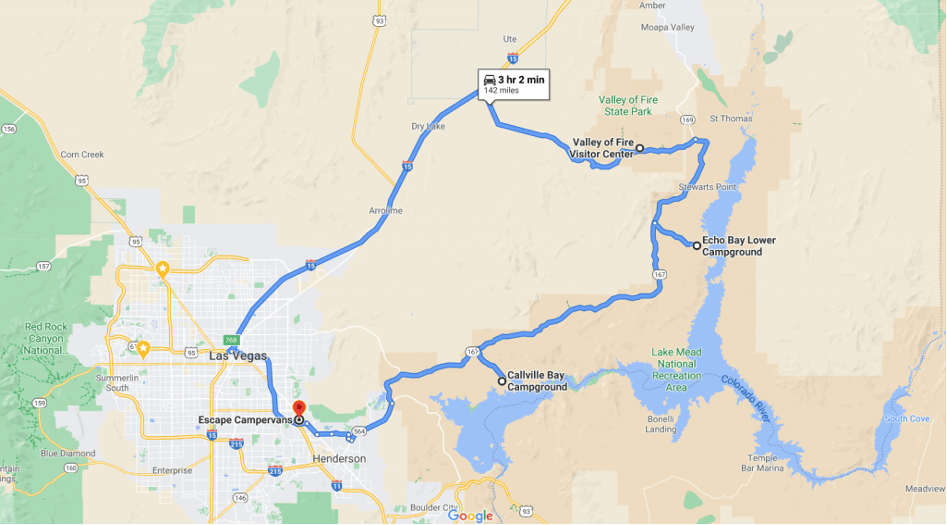 Map from Las Vegas to Lake Mead