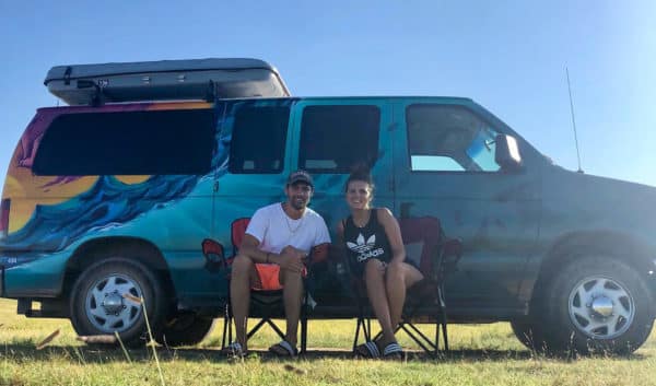Two people sitting in front of a campervan