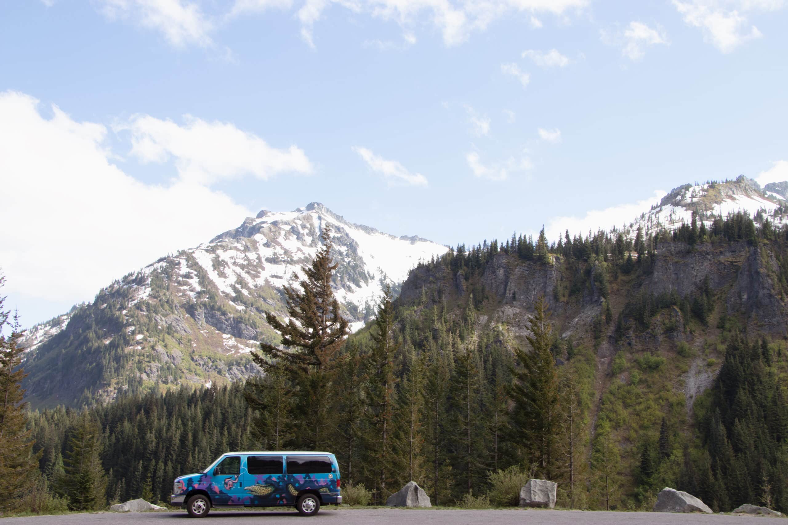 camper van in front of mount rainier national park