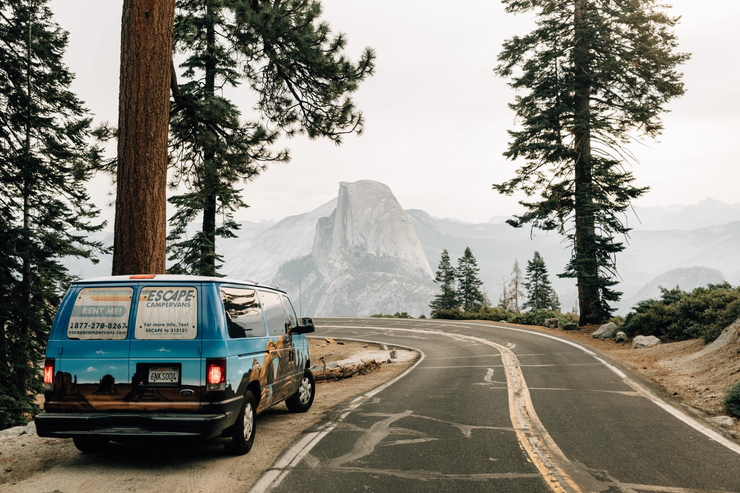 Van on the road in Yosemite National Park