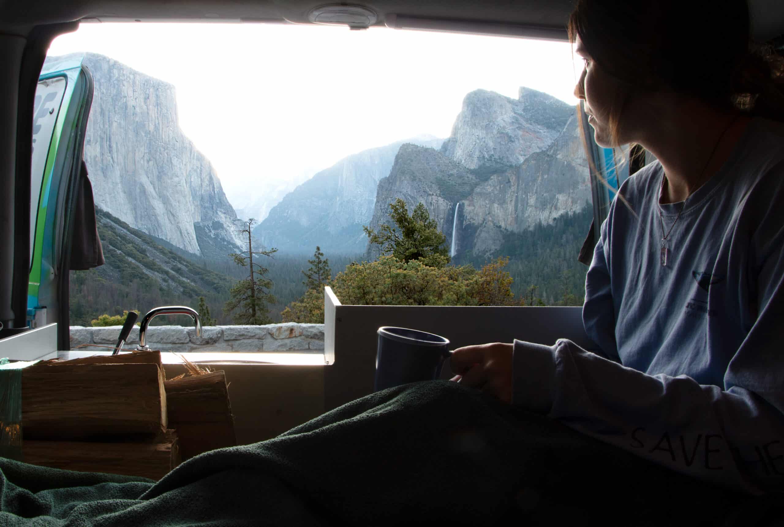 view out of the back of the camper van in yosemite national park