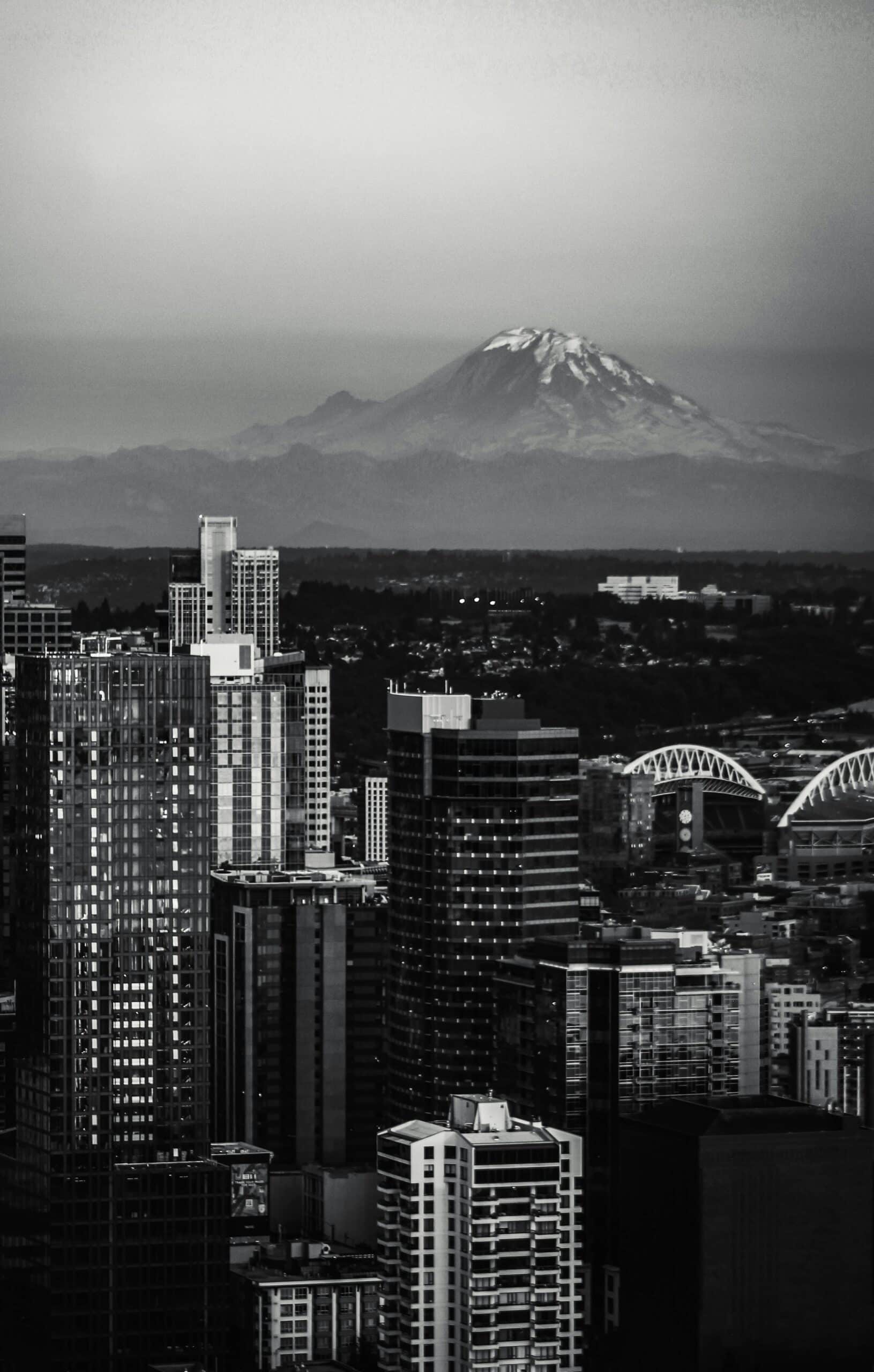 Mount Rainier over the Seattle skyline.