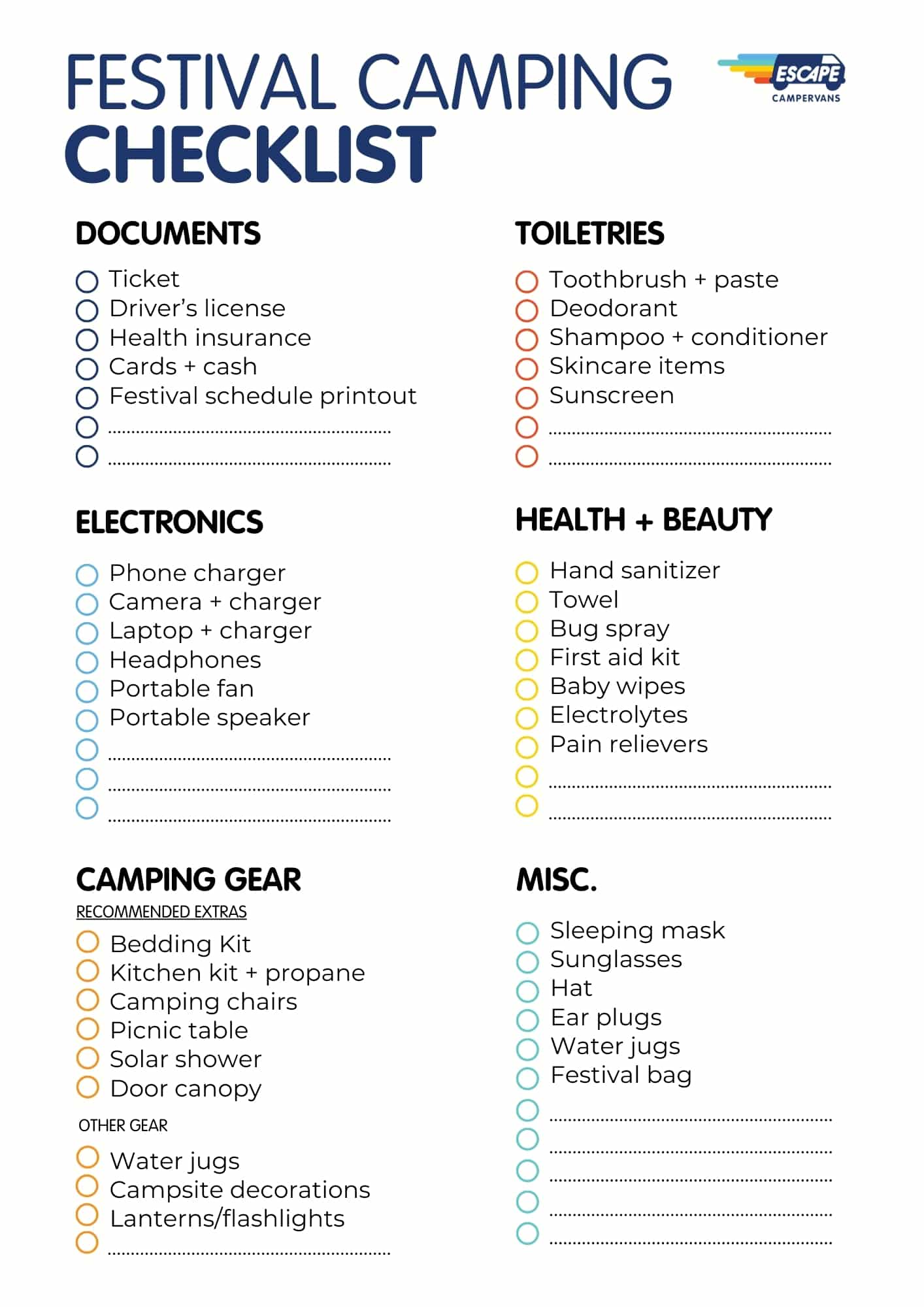 Printable festival essentials packing list for camping music festivals.